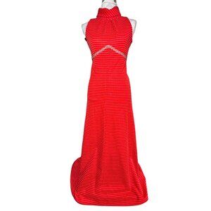 Vintage 1970 Red Sleeveless High-Neck Gown Rhinestone Chain Detail & Polka Dot P
